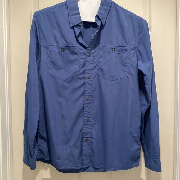 Orvis Shirt Men Medium Blue Trout Bum Fishing Vented Button Up Long Sleeve - Picture 1 of 10